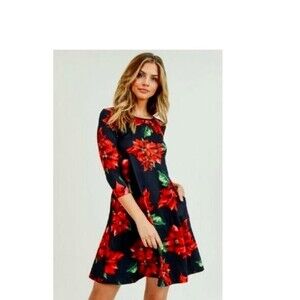 Black / Poinsettia 3/4 Sleeve Christmas Dress Medium